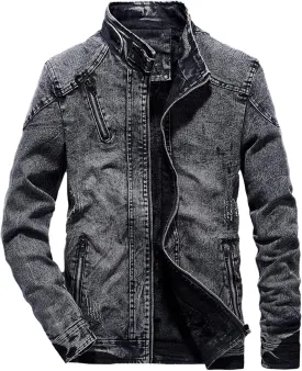 Men's Winter Distressed Denim Jacket Zipper Retro Band Collar Regular Fleece Lined Moto Jacket