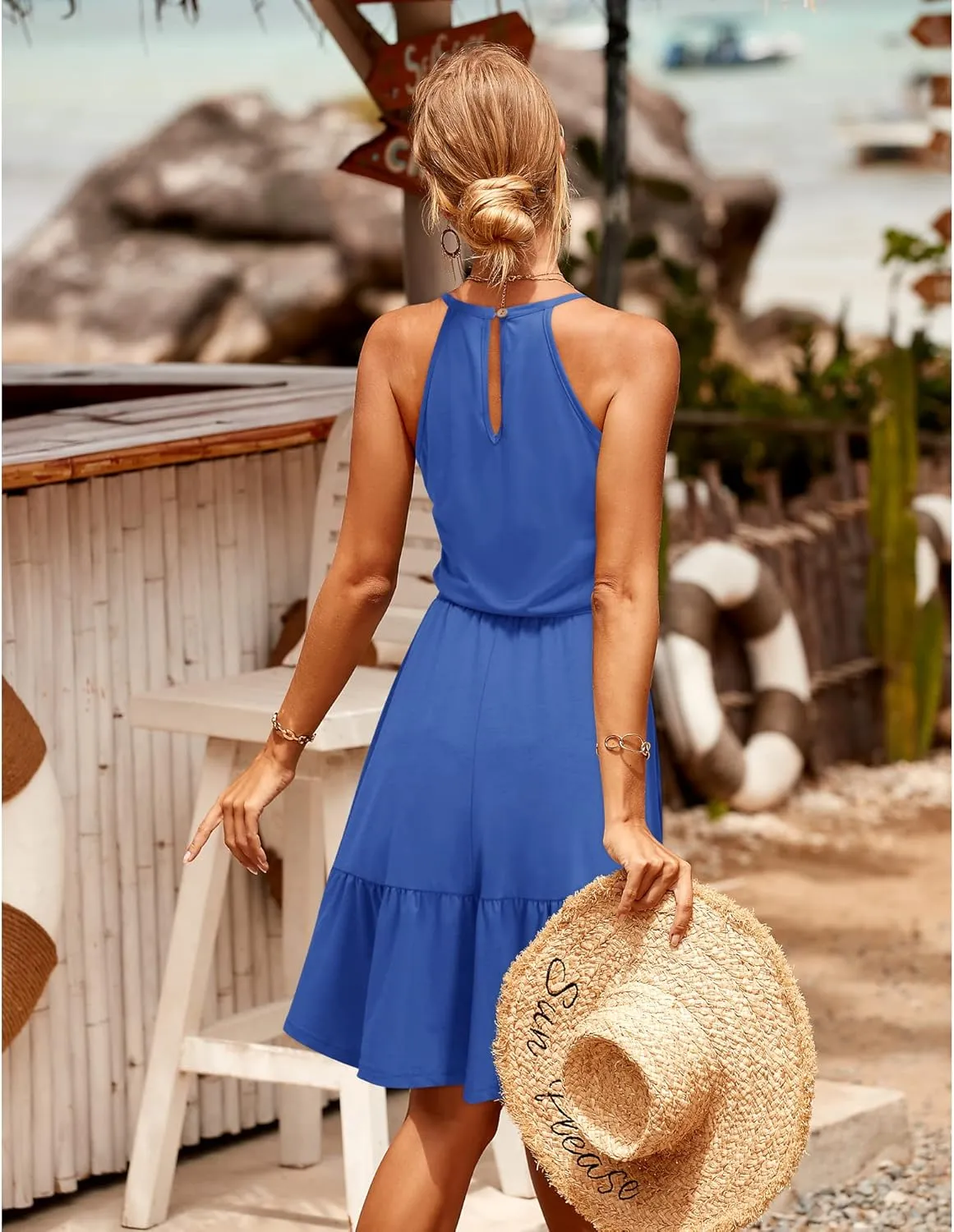 Newshows Womens 2025 Summer Dress Halter Wedding Guest Casual Beach Vacation Outfits Belted Sundresses with Pockets