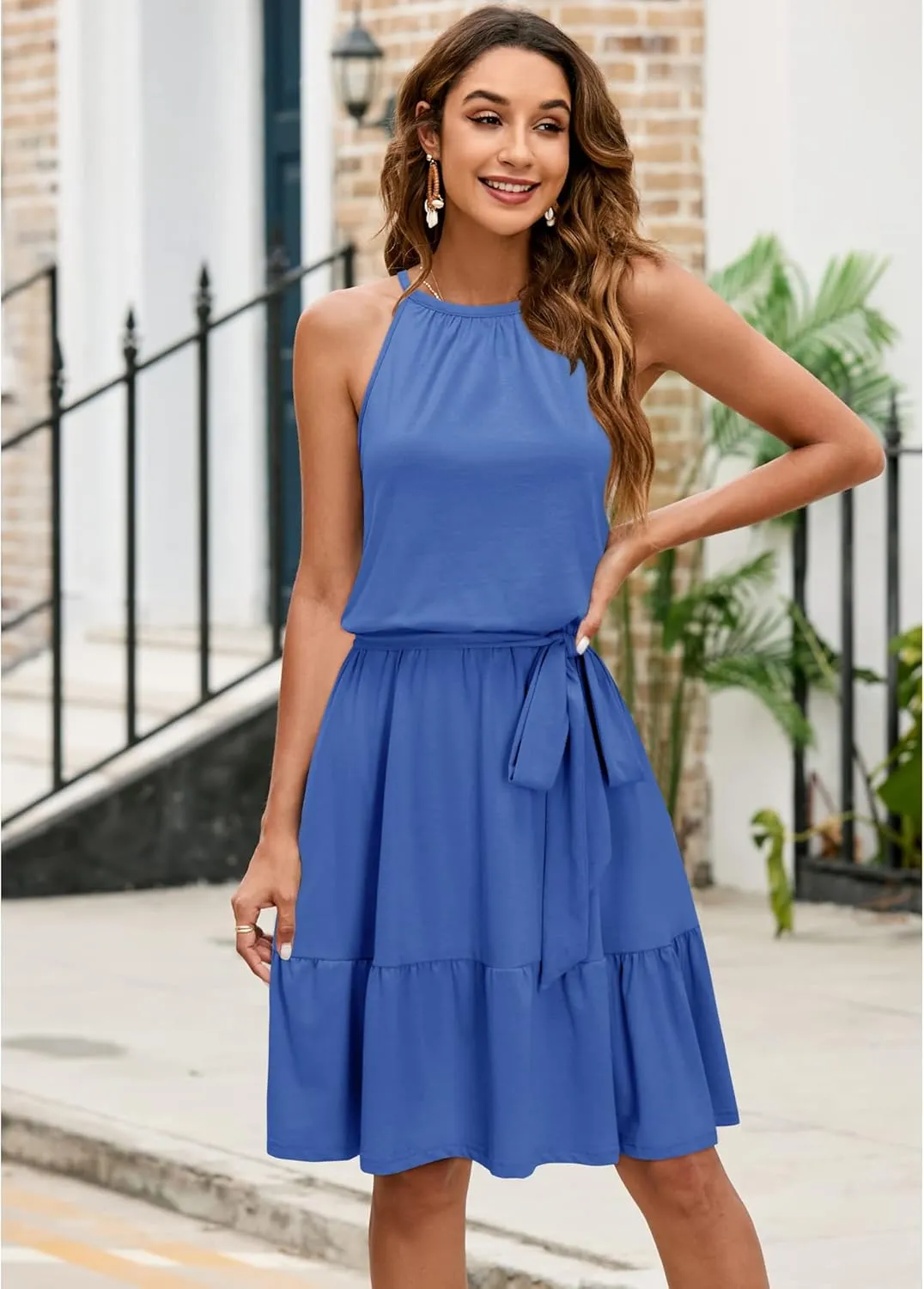 Newshows Womens 2025 Summer Dress Halter Wedding Guest Casual Beach Vacation Outfits Belted Sundresses with Pockets