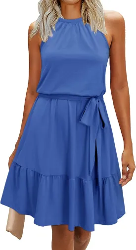Newshows Womens 2025 Summer Dress Halter Wedding Guest Casual Beach Vacation Outfits Belted Sundresses with Pockets