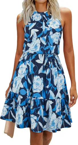 Newshows Womens 2025 Summer Dress Halter Wedding Guest Casual Beach Vacation Outfits Belted Sundresses with Pockets