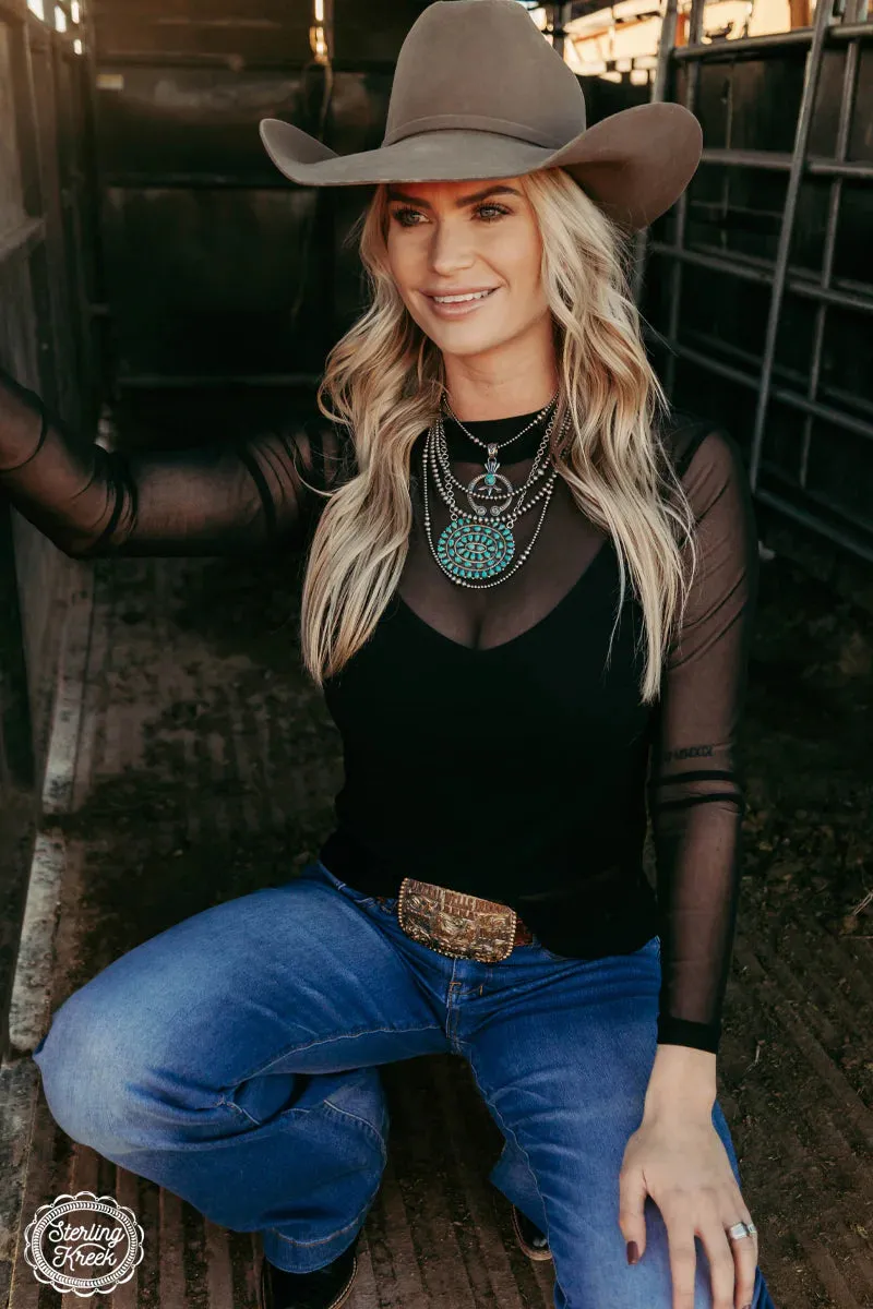 Night Sky Black Mesh Mock Neck Top