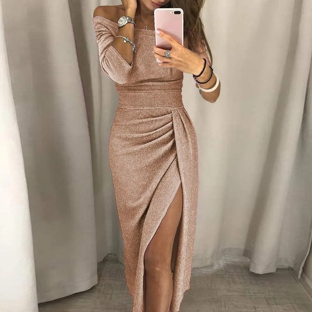 Off Shoulder Cocktail Dresses with Slit Women 2025 Sexy Elegant Formal Bodycon Ruched Long Dress Party Club Wear