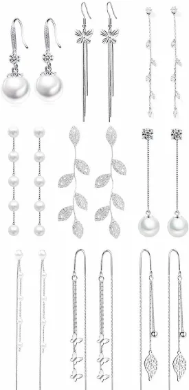 Pearl Earrings for Women 9 Pairs Silver Long Tassel Dangle Earrings Sparkling Crystal Leaf Pearl Drop Earrings Butterfly Chain Wedding Bridal Earrings Bridesmaid Prom Graduation Jewelry Set