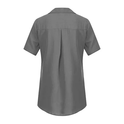 ♡QueenBB♡ Womens V Neck Blouse Shirts Button Down Short Sleeve Casual Loose Chiffon Collared Tops T Shirts Gray