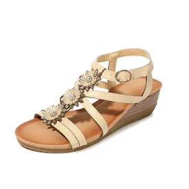 ♡QueenBB♡ Womens Wedge Sandals Summer Rhinestone Bohemian Beaded Ankle Strap Beach Wear Sandal Khaki