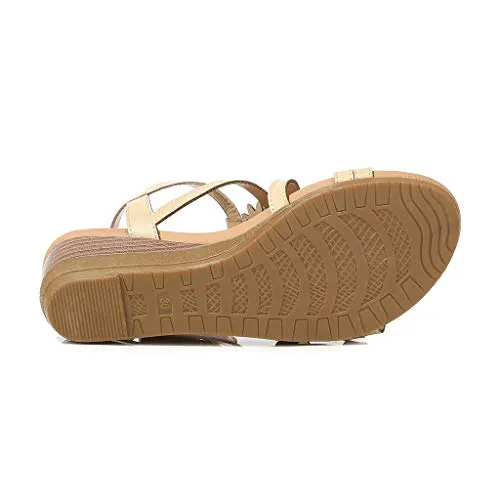 ♡QueenBB♡ Womens Wedge Sandals Summer Rhinestone Bohemian Beaded Ankle Strap Beach Wear Sandal Khaki
