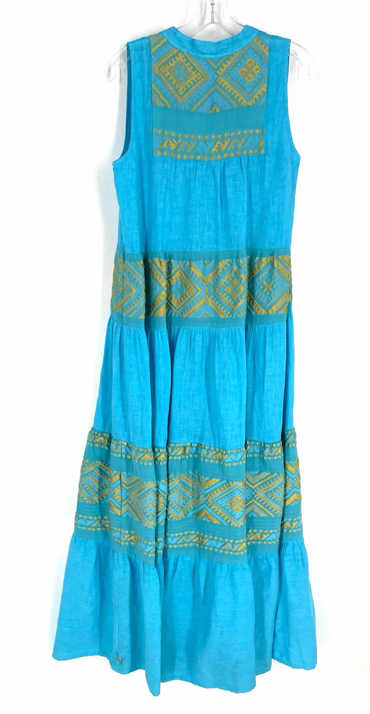 Size S Turquoise/Gold Embroidered Linen Designer Dress