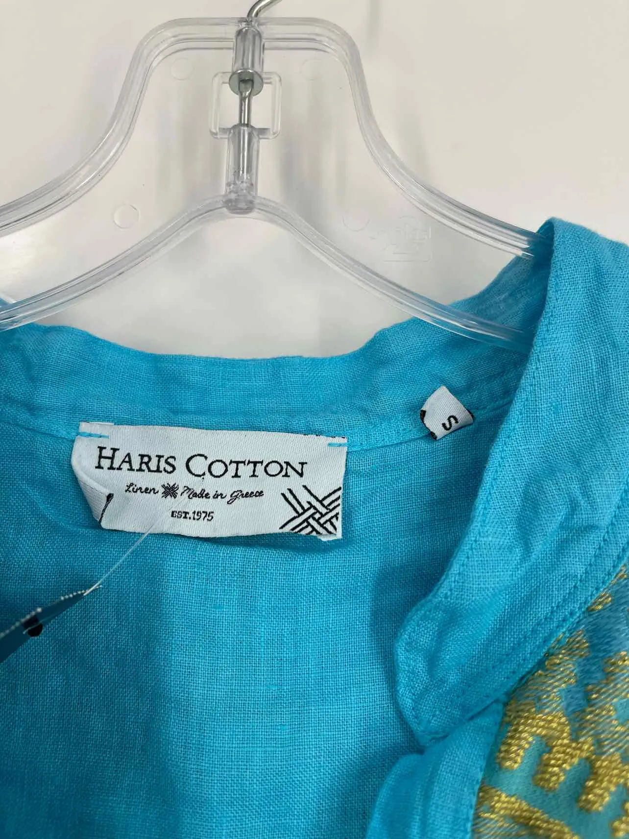 Size S Turquoise/Gold Embroidered Linen Designer Dress