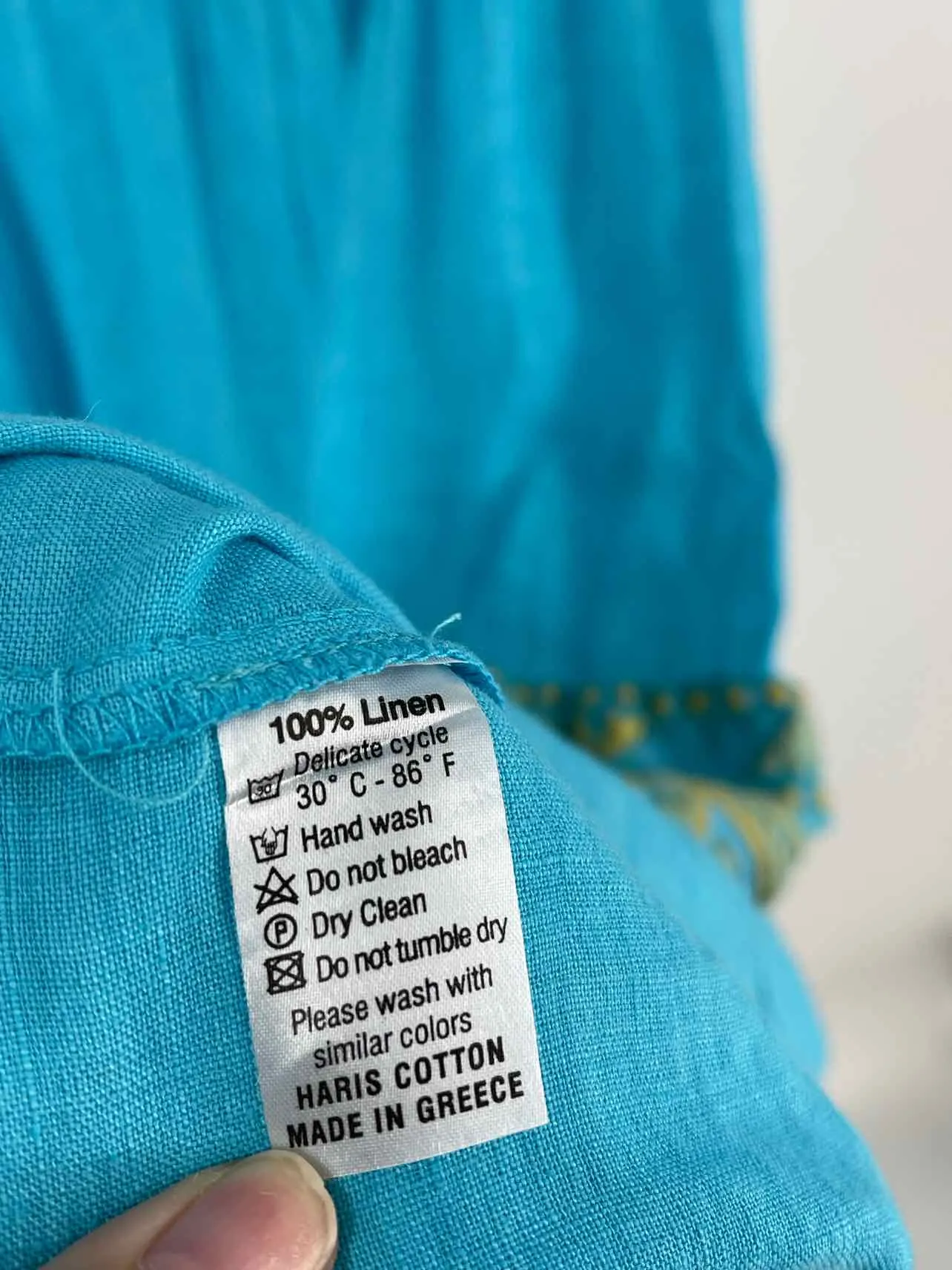 Size S Turquoise/Gold Embroidered Linen Designer Dress