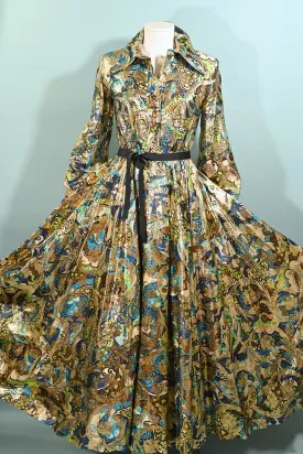 SOLD Vintage 70s Gold/Multi-Colored Maxi Dress, Metallic Gold S