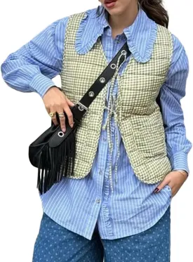 SOLILOQUY Women Y2K Tie Front Quilted Vest Plaid Floral V Neck Cropped Padded Gilet Coquette Sleeveless Jacket Going Out Top