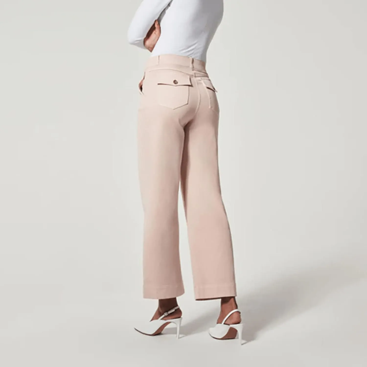 Stretch Twill Cropped Wide Leg Pant, High Waist Casual Wide Leg Pants Tummy Control with Pockets for Women