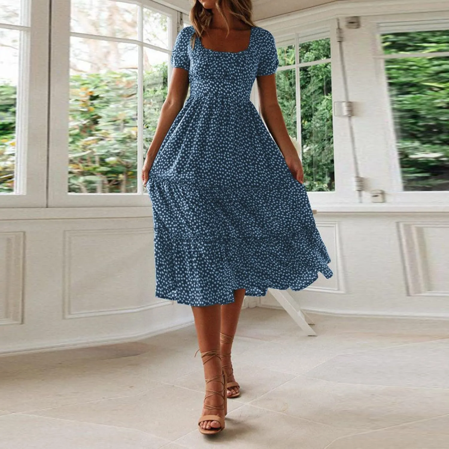 Summer Dresses for Women 2025 Casual Plus Size Boho Puff Sleeve Beach Sundresses Polka Dot Print Midi Dress
