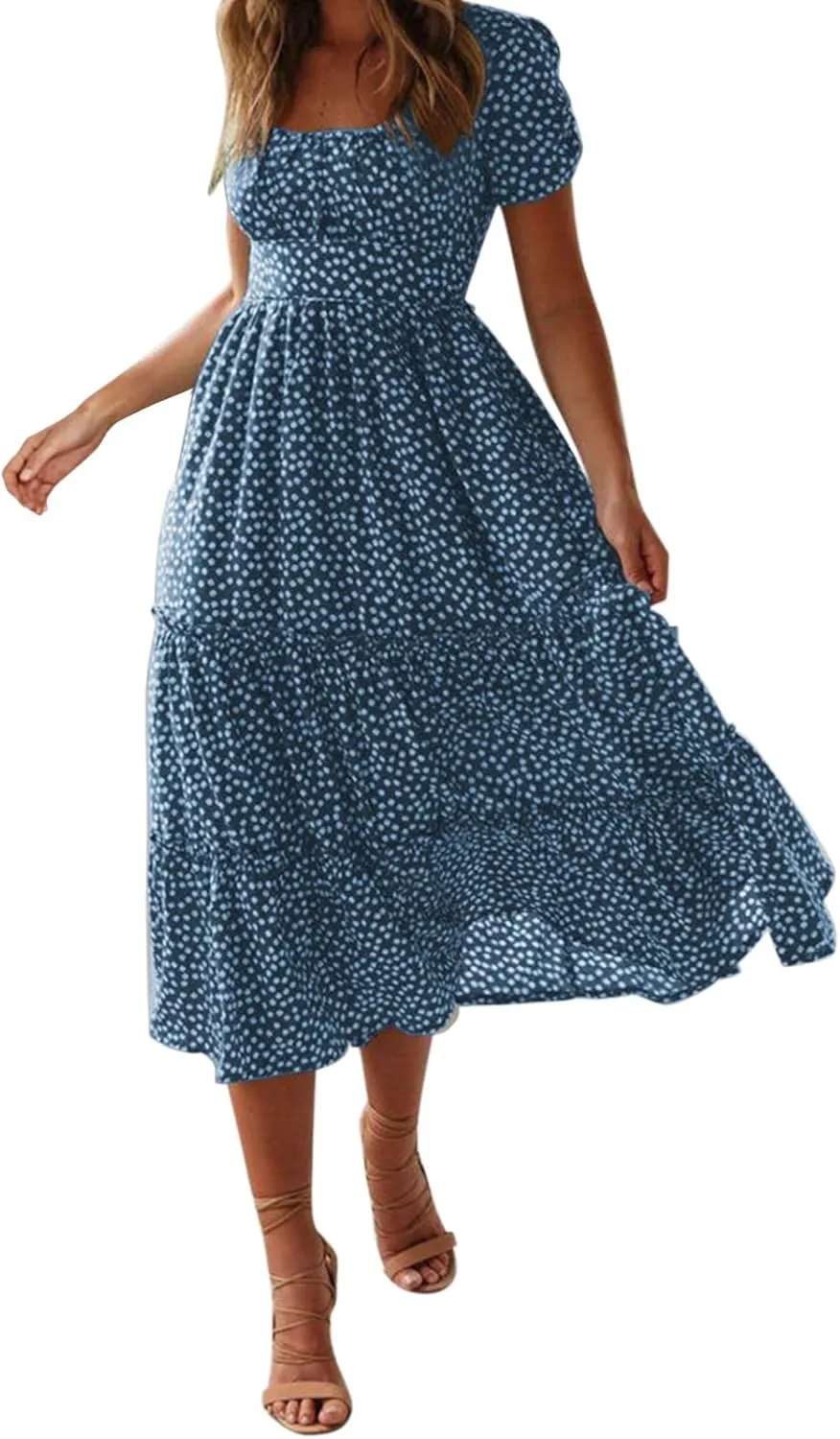 Summer Dresses for Women 2025 Casual Plus Size Boho Puff Sleeve Beach Sundresses Polka Dot Print Midi Dress