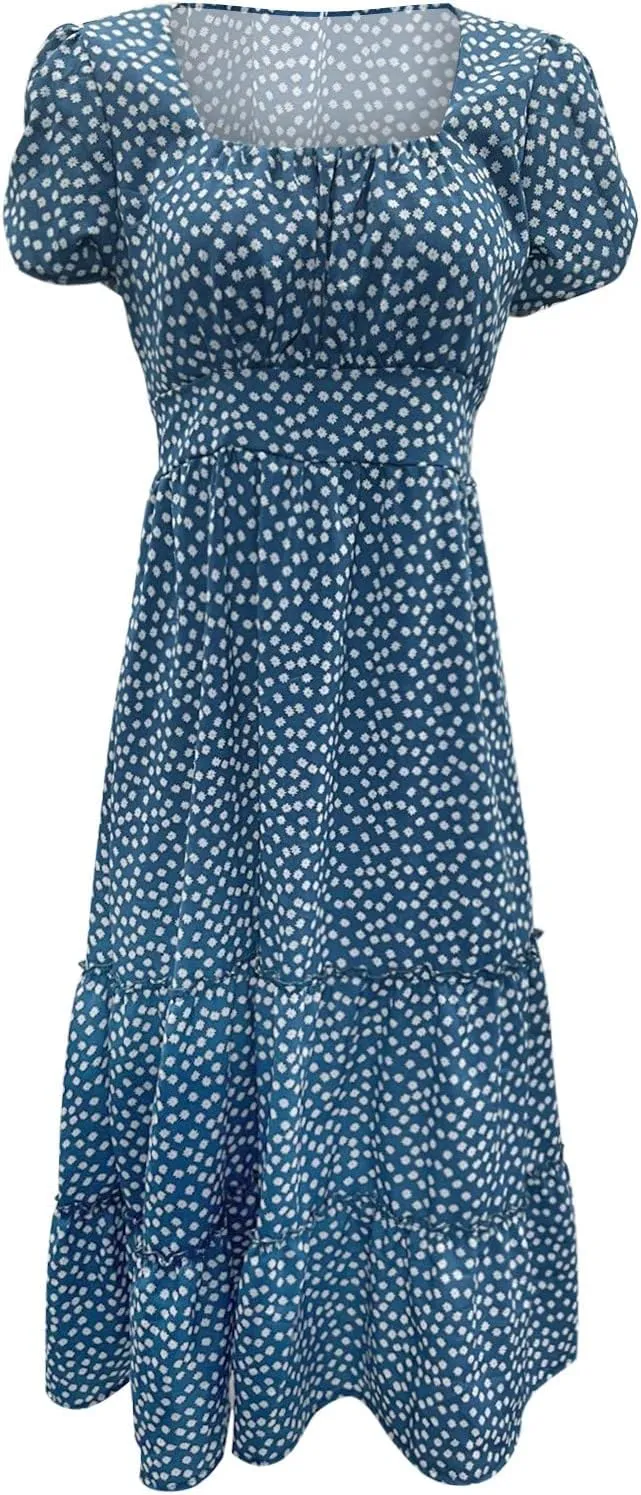 Summer Dresses for Women 2025 Casual Plus Size Boho Puff Sleeve Beach Sundresses Polka Dot Print Midi Dress