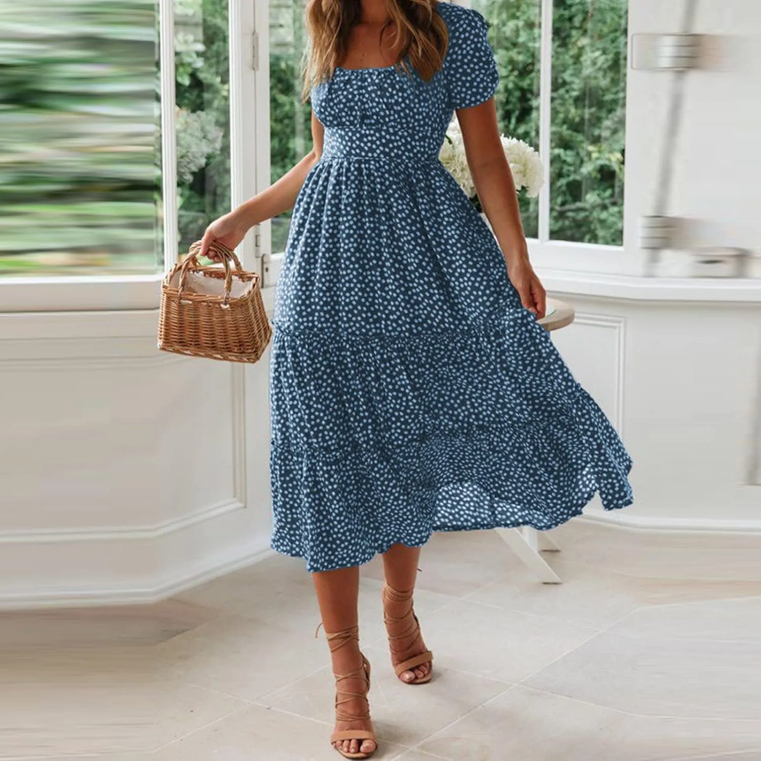 Summer Dresses for Women 2025 Casual Plus Size Boho Puff Sleeve Beach Sundresses Polka Dot Print Midi Dress