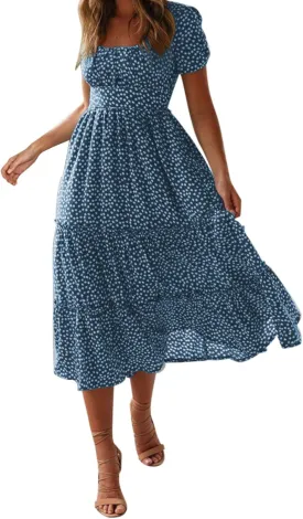 Summer Dresses for Women 2025 Casual Plus Size Boho Puff Sleeve Beach Sundresses Polka Dot Print Midi Dress