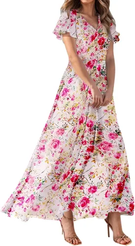 Summer Dresses for Women 2025 Swing Flowy Ruffle Hem Swing Maxi Dress Ruffle Short Sleeve