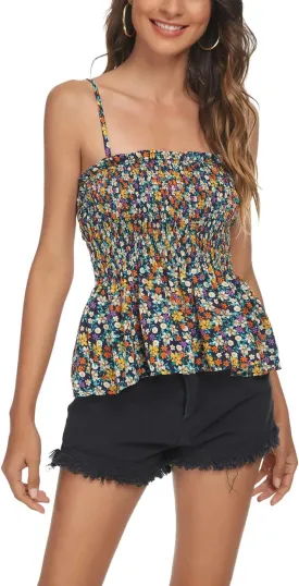 Tribear Women's Casual Frill Smocked Cami Tank Tops Floral Shoulder Strap Vest