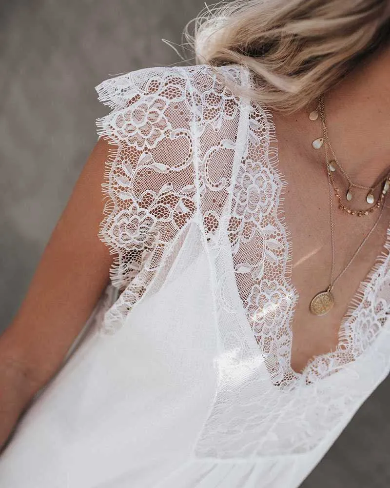 Two Piece Deep V Neck Sleeveless Lace Tank Top