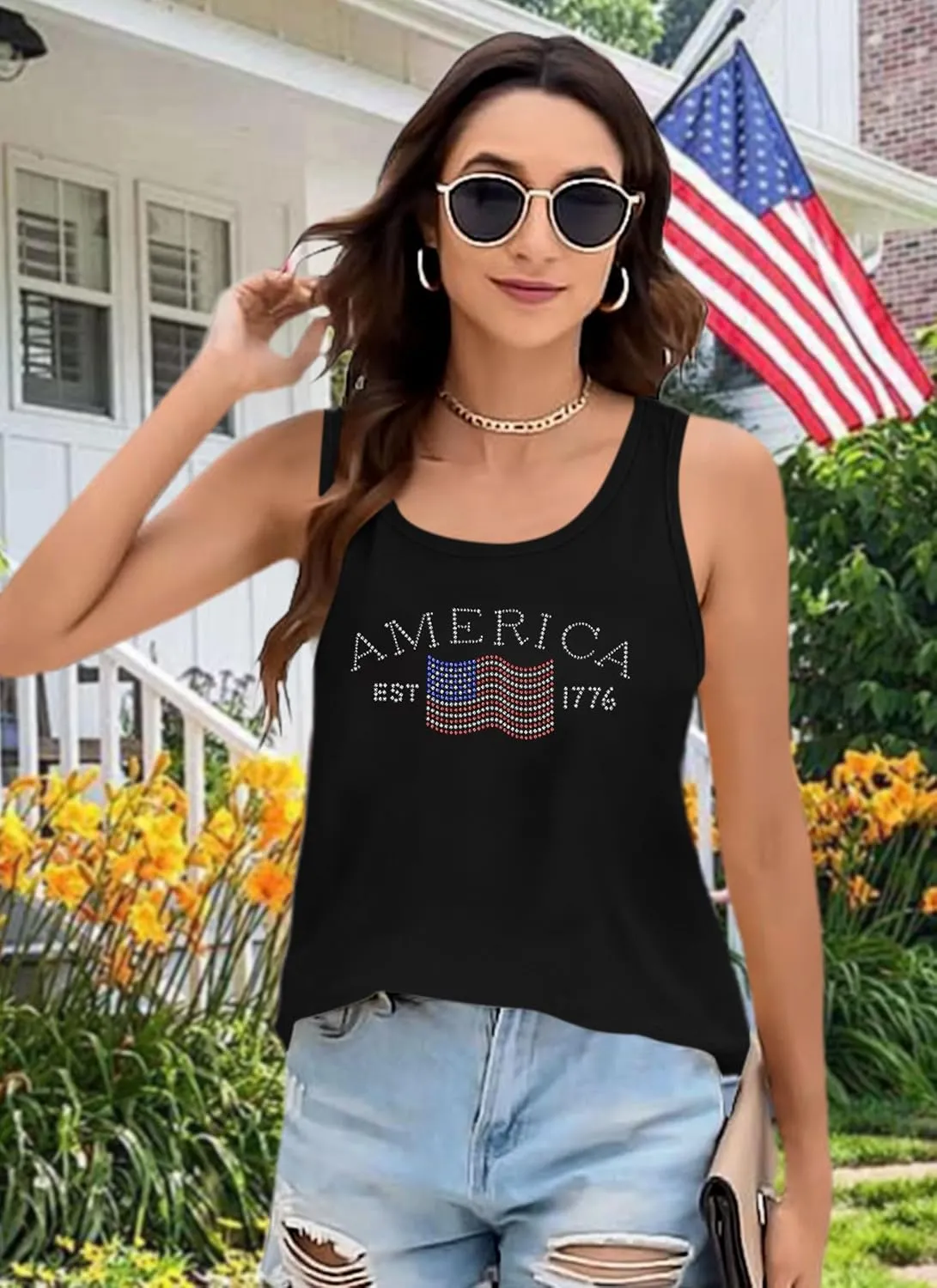 USA Tank Tops Women: Flag Sequin Tank Patriotic Shirts 4th of July Sleeveless T Shirt Summer Casual Bling Tops