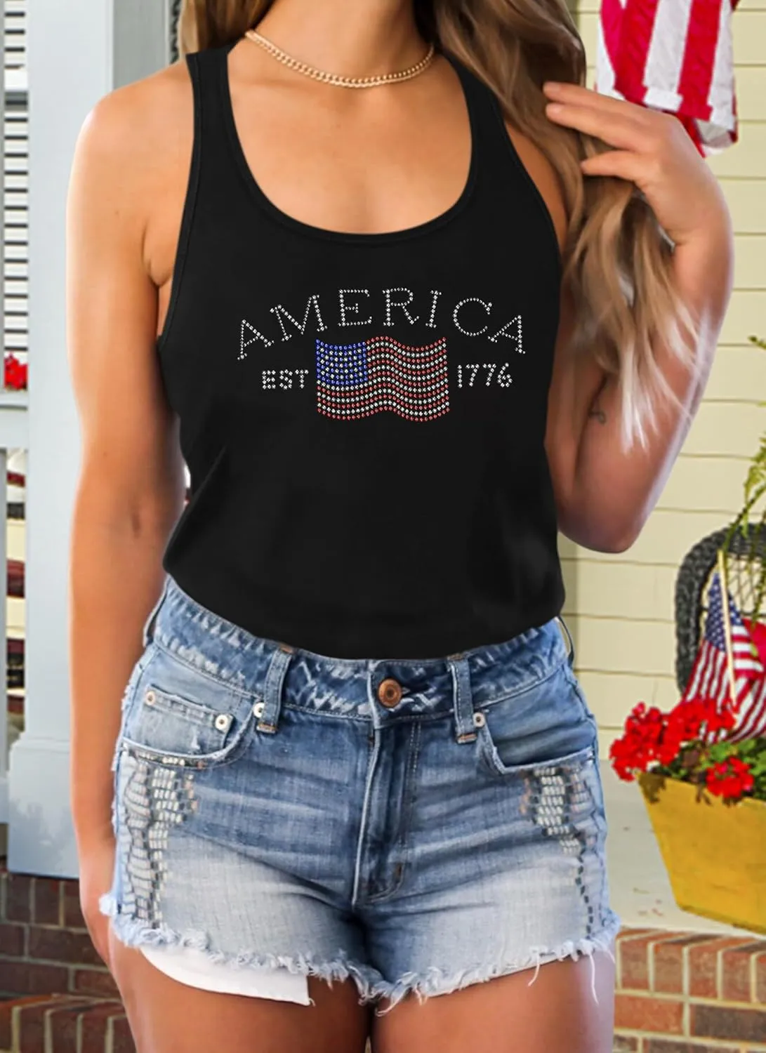 USA Tank Tops Women: Flag Sequin Tank Patriotic Shirts 4th of July Sleeveless T Shirt Summer Casual Bling Tops