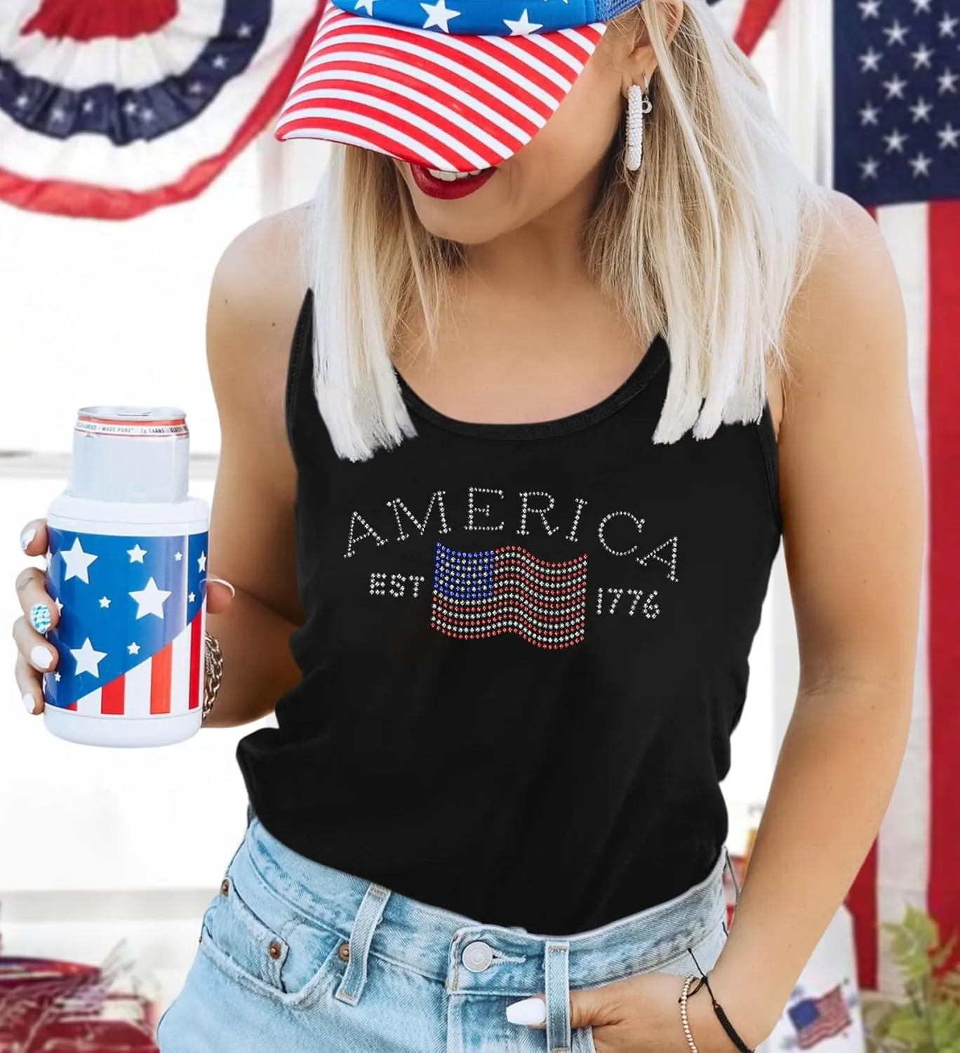 USA Tank Tops Women: Flag Sequin Tank Patriotic Shirts 4th of July Sleeveless T Shirt Summer Casual Bling Tops