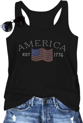 USA Tank Tops Women: Flag Sequin Tank Patriotic Shirts 4th of July Sleeveless T Shirt Summer Casual Bling Tops