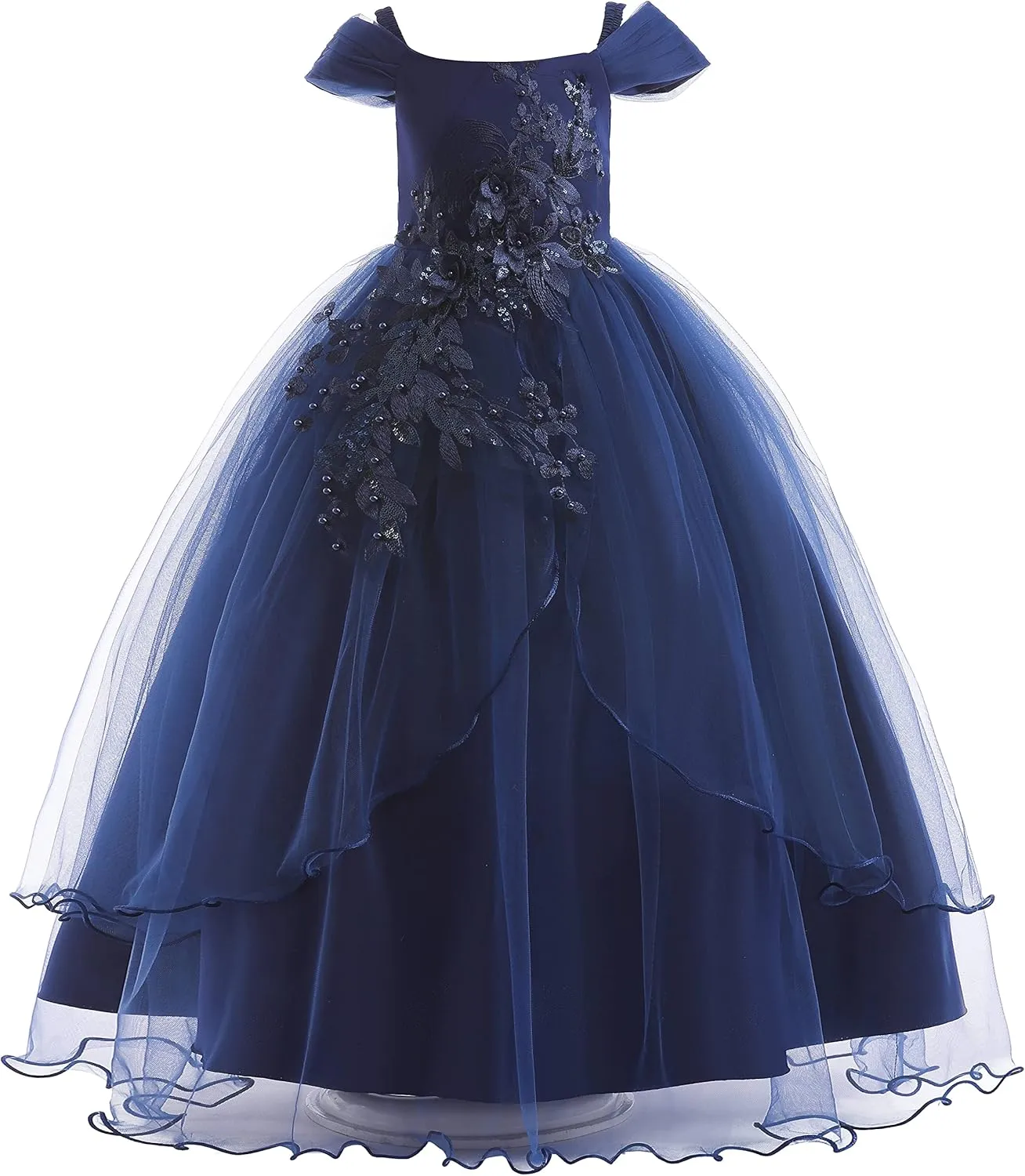 Weileenice Vintage Off The Shoulder Flower Girl Dress Lace Embroidery Little/Big Girls Wedding Bridesmaid Holiday Ballgown