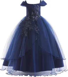 Weileenice Vintage Off The Shoulder Flower Girl Dress Lace Embroidery Little/Big Girls Wedding Bridesmaid Holiday Ballgown
