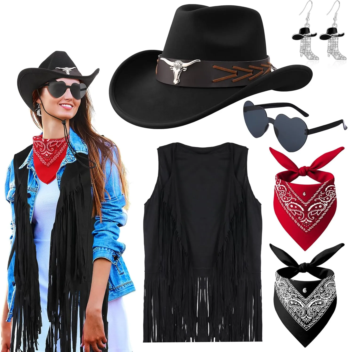 Western Cowgirl Costume Set Fringe Vest Cowboy Hat Heart Glasses Western Boot Earring for Women Cosplay