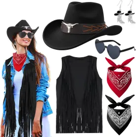 Western Cowgirl Costume Set Fringe Vest Cowboy Hat Heart Glasses Western Boot Earring for Women Cosplay