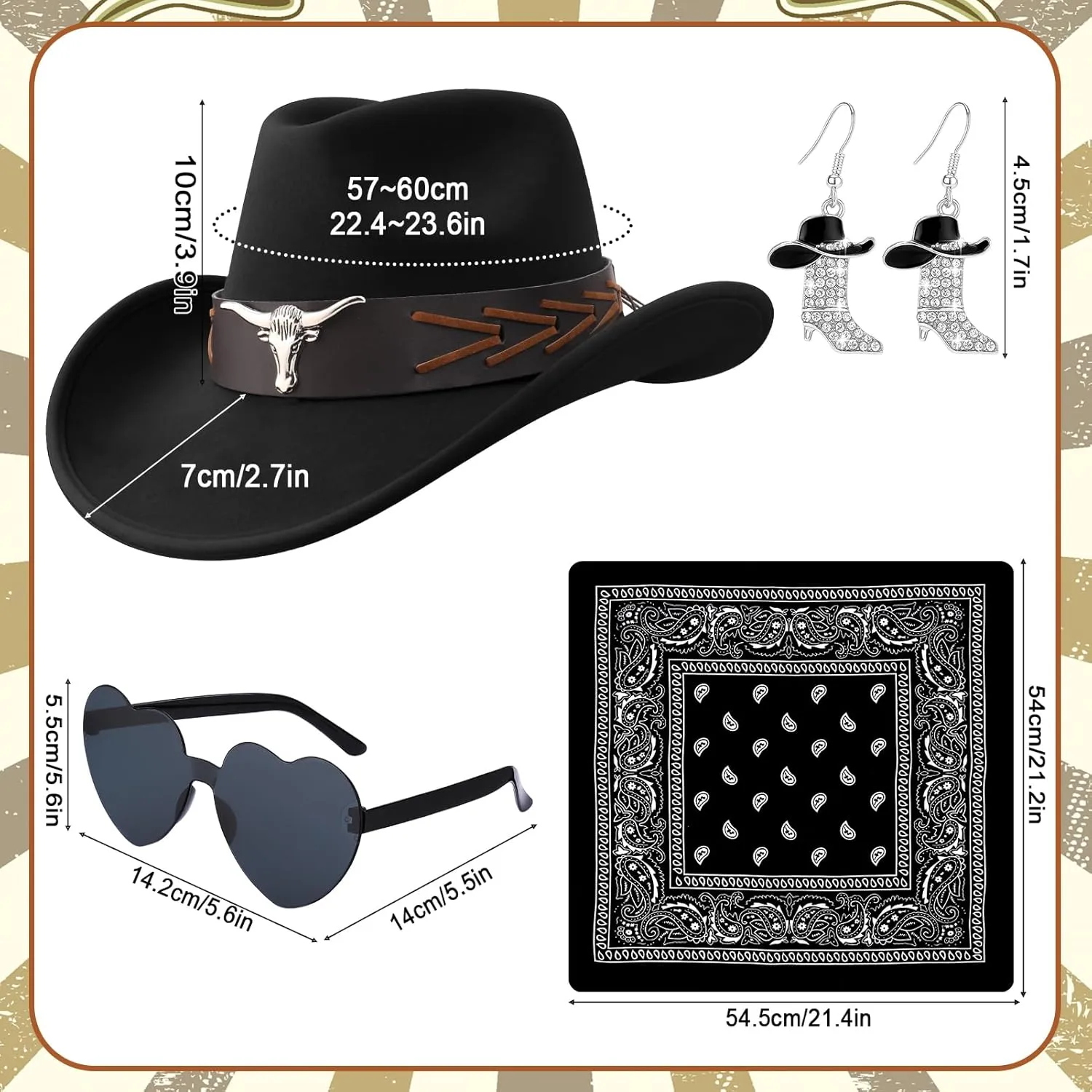 Western Cowgirl Costume Set Fringe Vest Cowboy Hat Heart Glasses Western Boot Earring for Women Cosplay