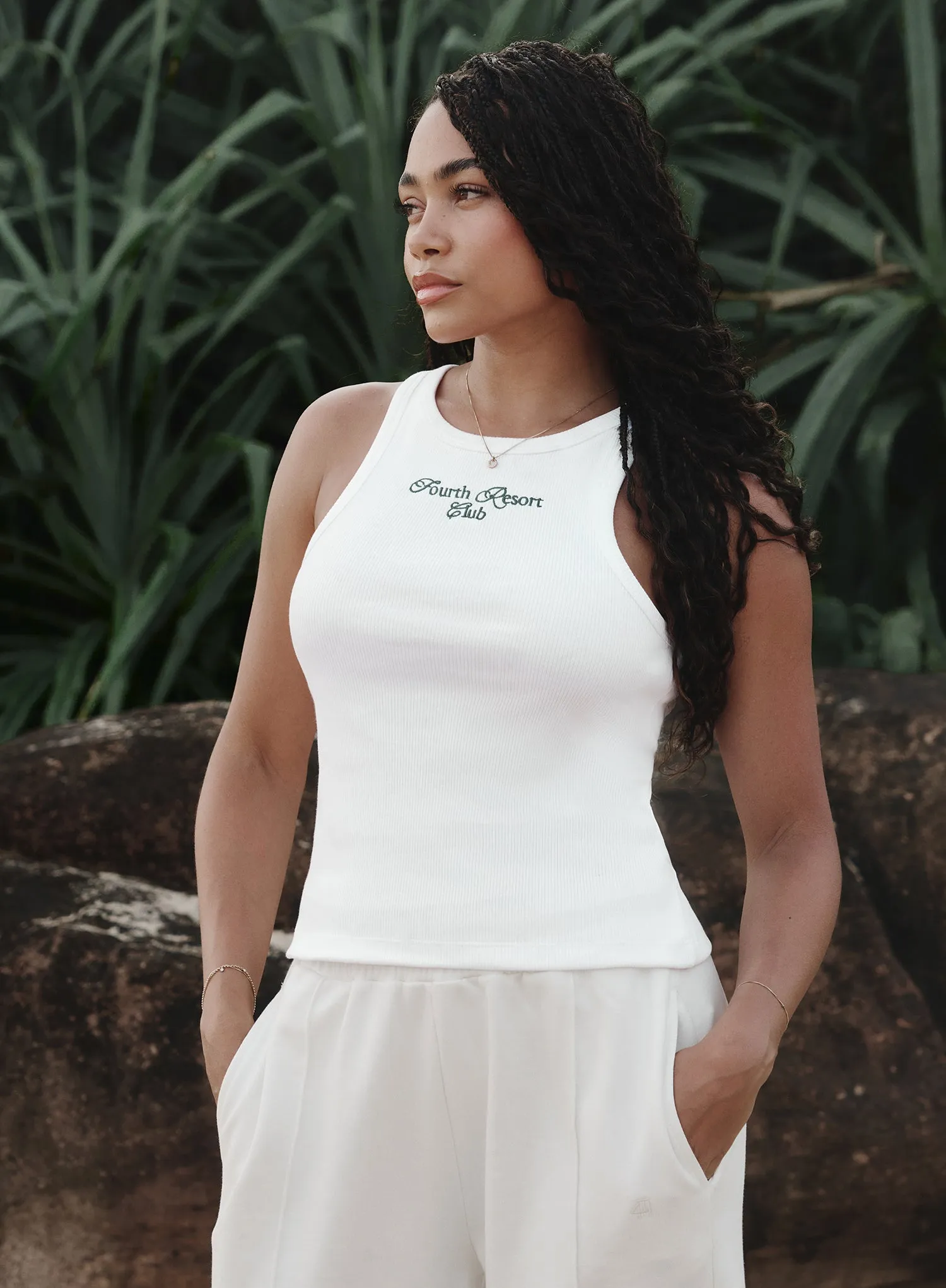White Ribbed Embroidered Fourth Vest Top- Serena