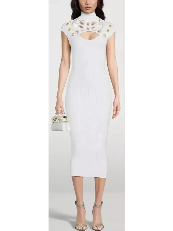 Women’s 6-Button Cutout Mesh-Inset Knit Dress