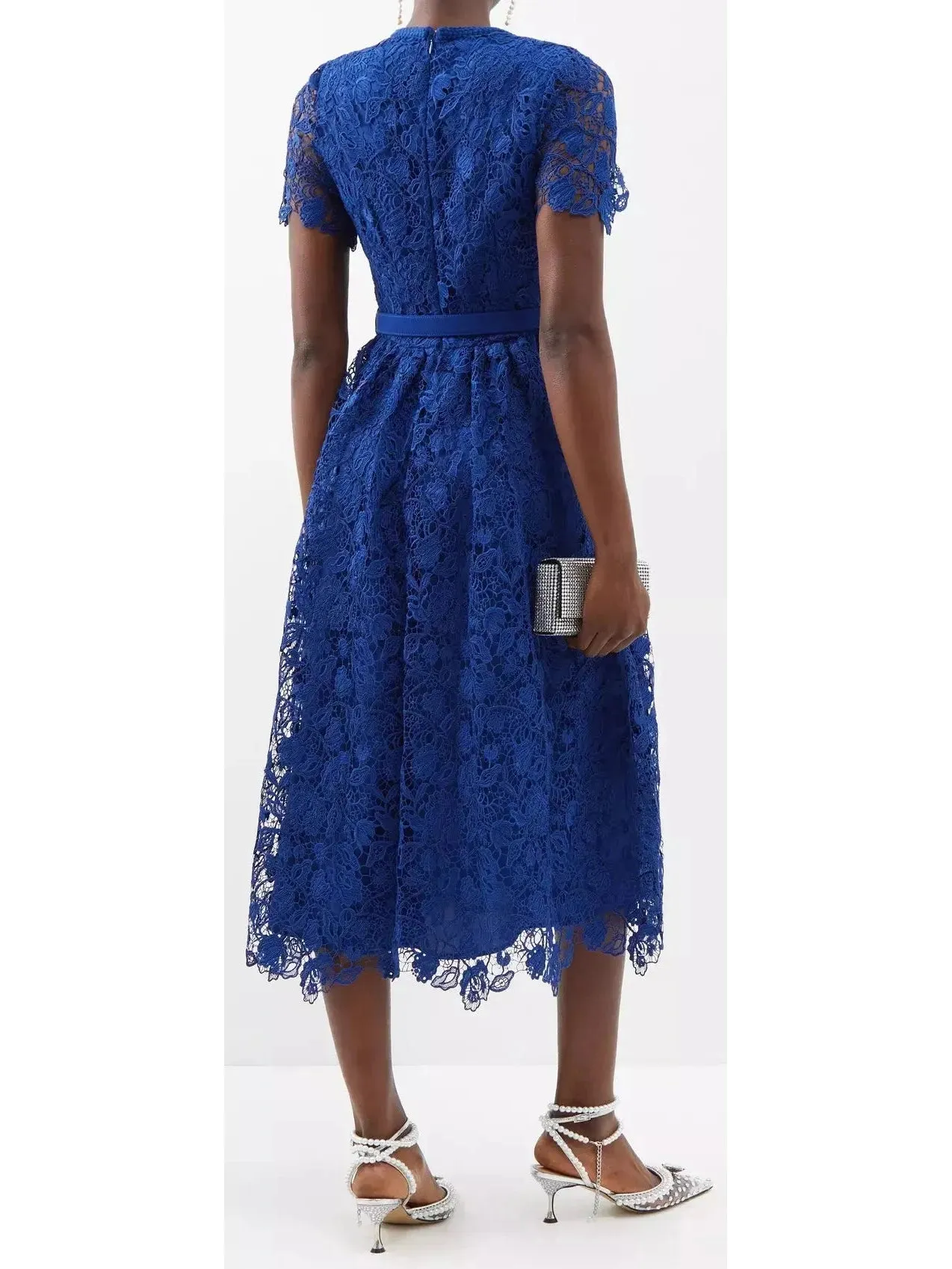 Women’s Belted Guipure-Lace Midi Dress, Blue