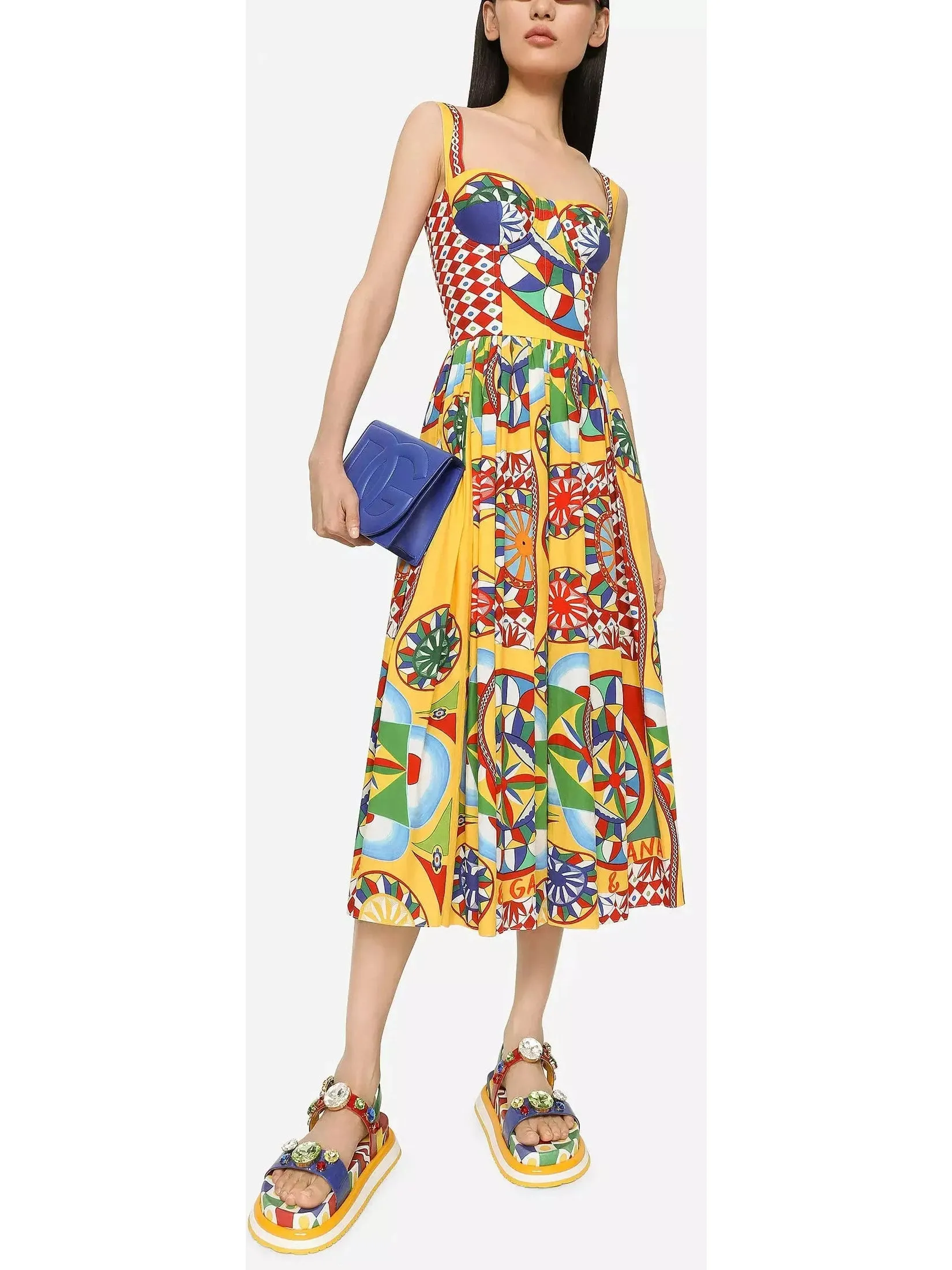 Women’s Carretto Print Calf-Length Bustier Poplin Dress