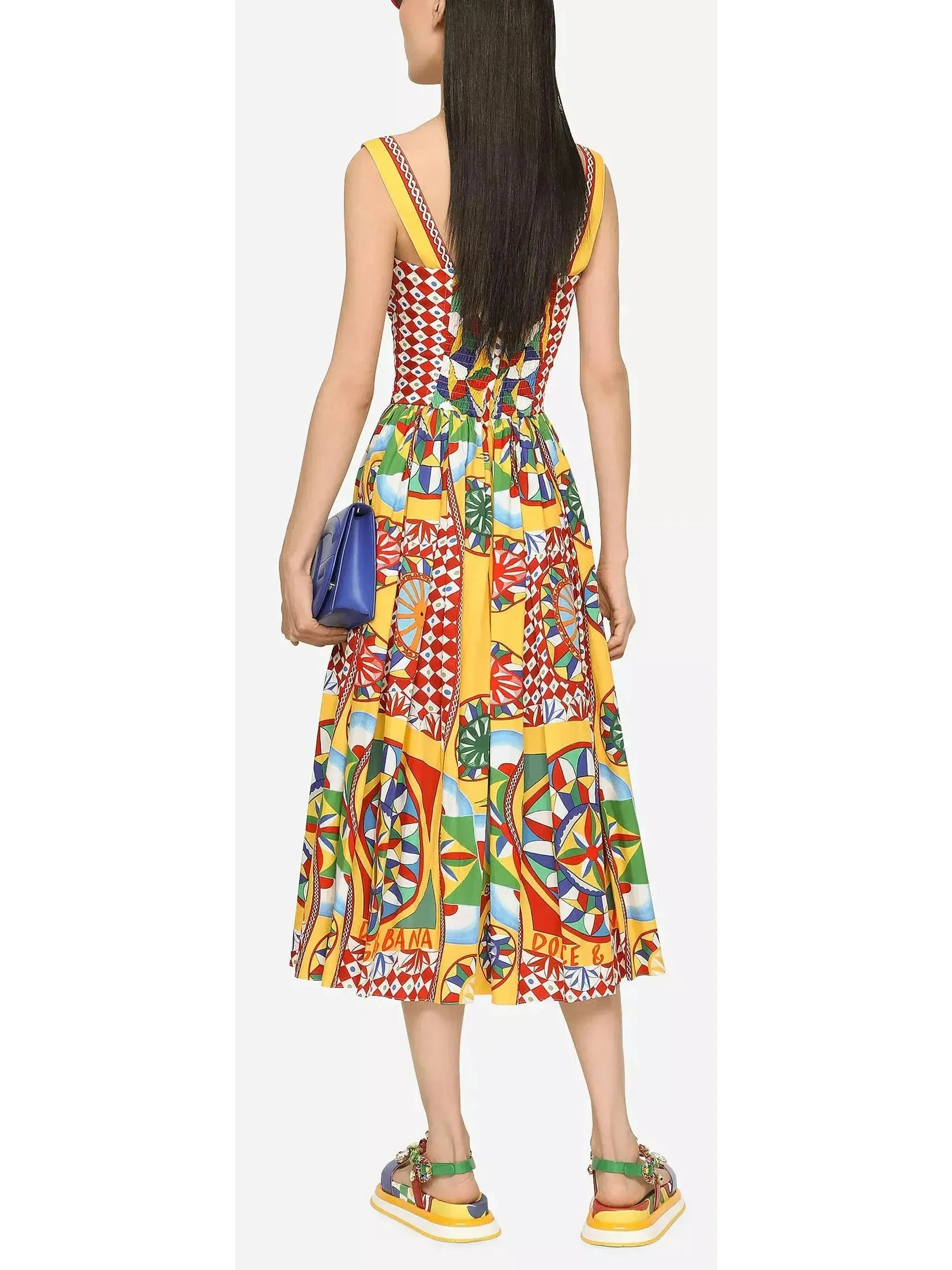 Women’s Carretto Print Calf-Length Bustier Poplin Dress