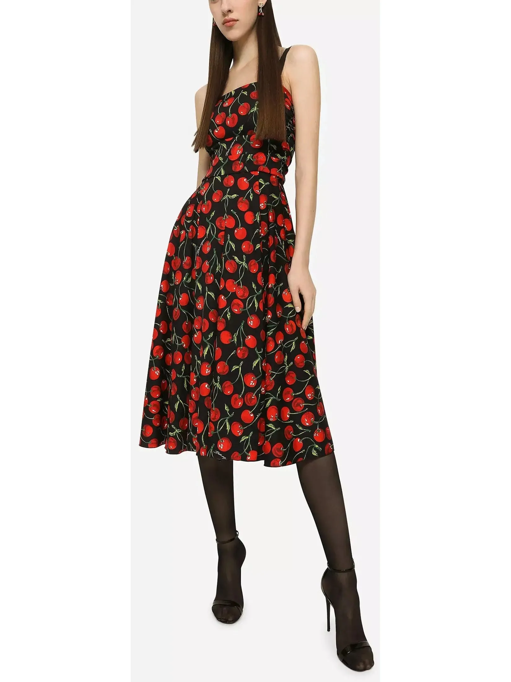 Women’s Cherry-Print Charmeuse Calf-Length Dress - Larger sizes may be available - Please inquire