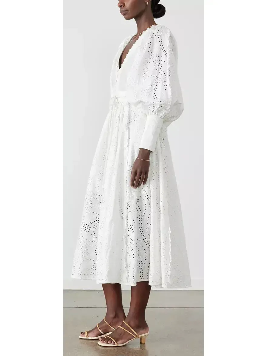 Women’s Cotton Broderie White Midi Dress