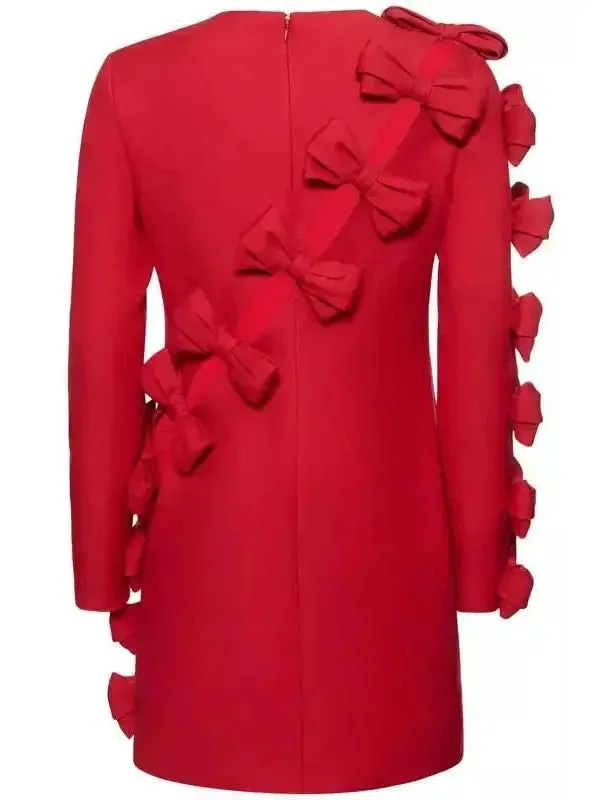 Women’s Crepe Couture Bow-Appliqué Mini Dress in Red