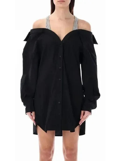 Women’s Crystal-Detailed Layered Black Shirt Mini Dress