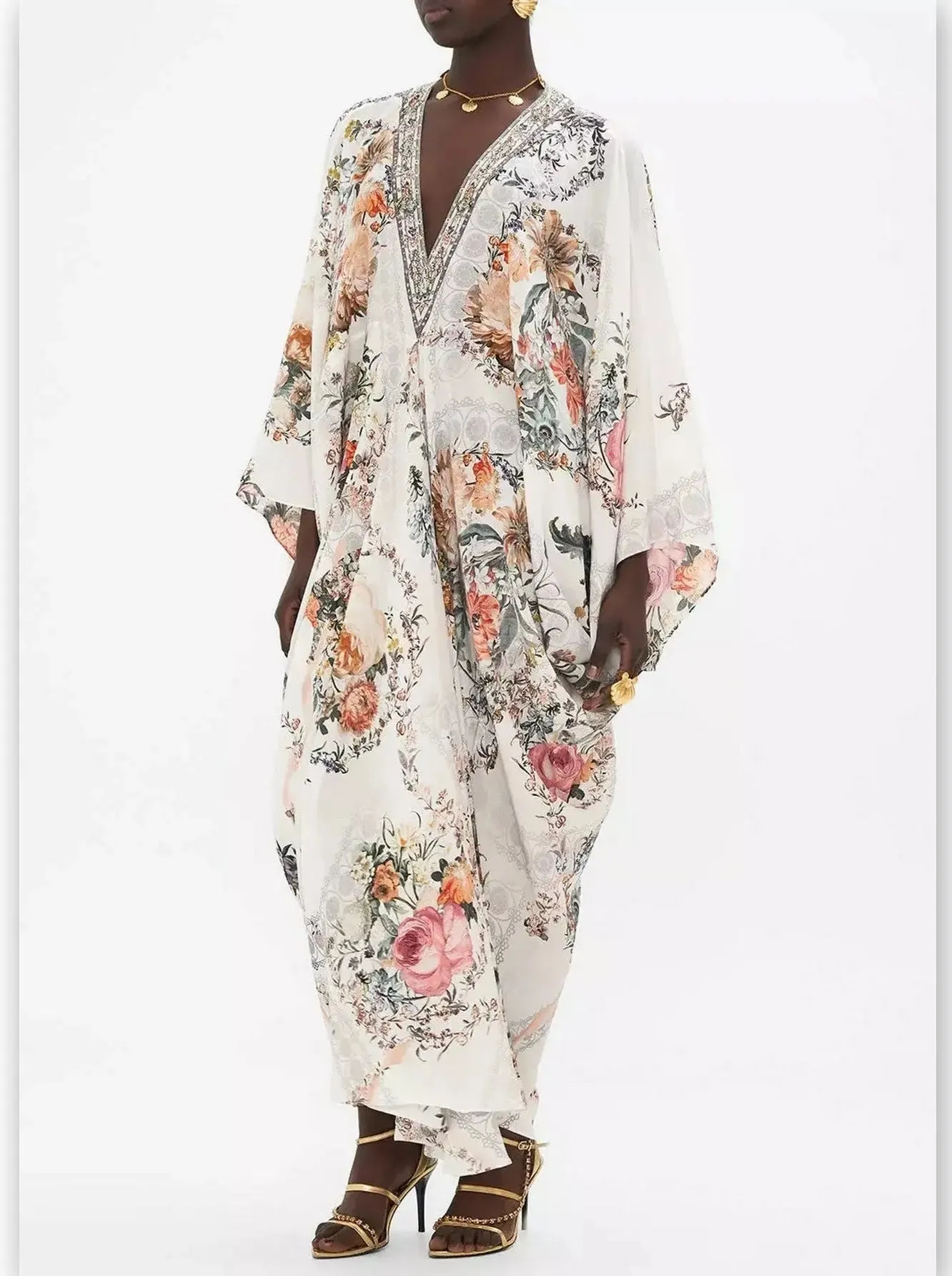 Women’s Crystal-Embellished Floral-Print V-Neck Kaftan Dress