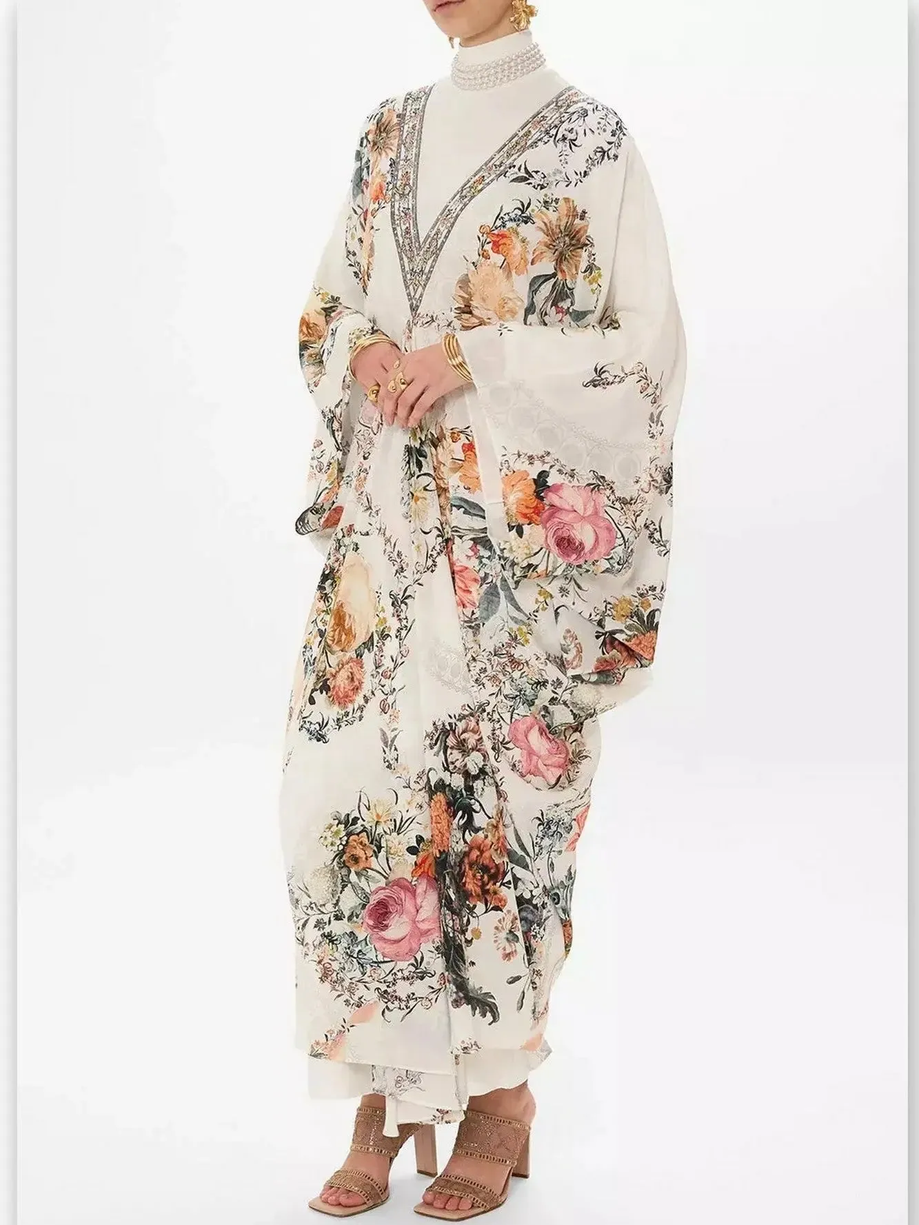 Women’s Crystal-Embellished Floral-Print V-Neck Kaftan Dress