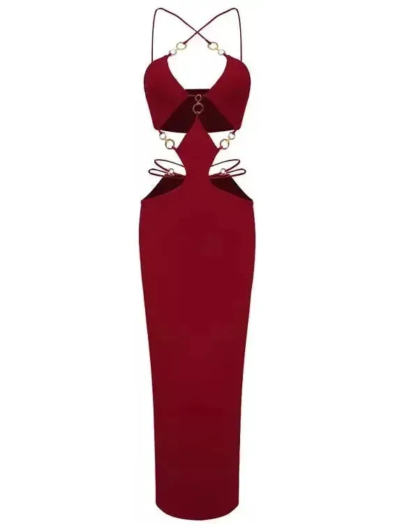 Women’s Cut-Out Gold Ring Detailed Dress, Wine
