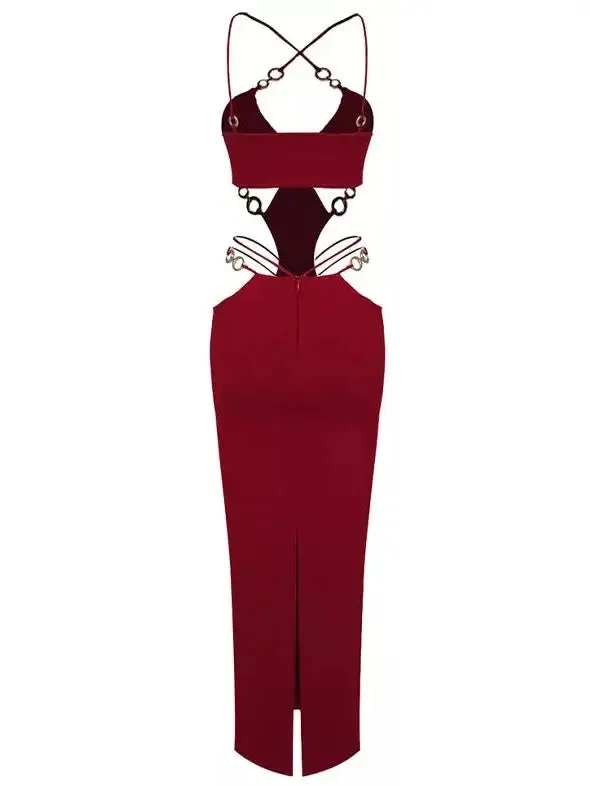 Women’s Cut-Out Gold Ring Detailed Dress, Wine