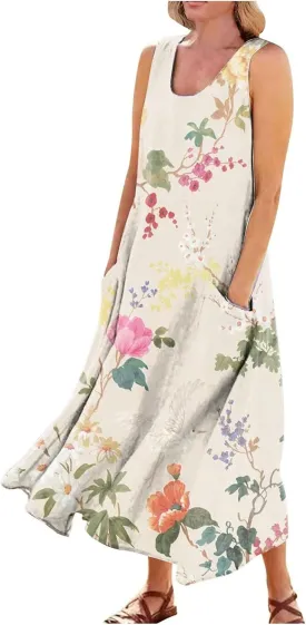 Womens Dresses Chic Sleeveless Scoop Neck Cotton Linen Dress Loose Floral Printed Beach Sundress with Pockets