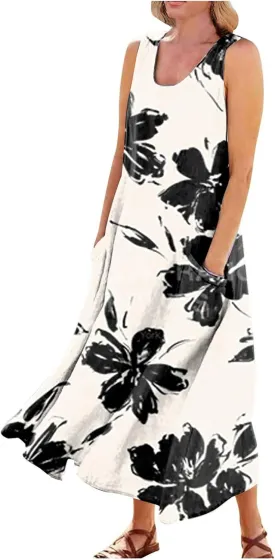 Womens Dresses Chic Sleeveless Scoop Neck Cotton Linen Dress Loose Floral Printed Beach Sundress with Pockets