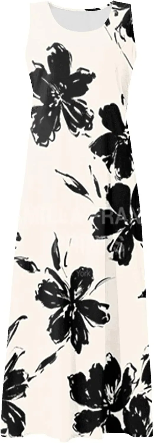 Womens Dresses Chic Sleeveless Scoop Neck Cotton Linen Dress Loose Floral Printed Beach Sundress with Pockets